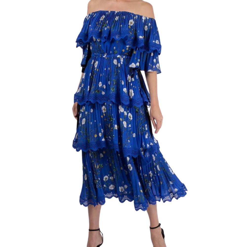 Self-Portrait Blue Floral Print Crepe Pleated Off Shoulder Dress